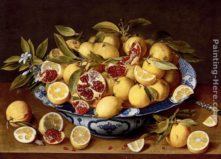 A Still Life Of A Wanli Kraak Porcelain Bowl Of Citrus Fruit And Pomegranates On A Wooden Table painting - Gerrit van Honthorst A Still Life Of A Wanli Kraak Porcelain Bowl Of Citrus Fruit And Pomegranates On A Wooden Table art painting